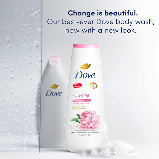 Dove hand pouring body wash into palm to show lather and moisturizing effect