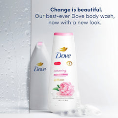 Dove hand pouring body wash into palm to show lather and moisturizing effect