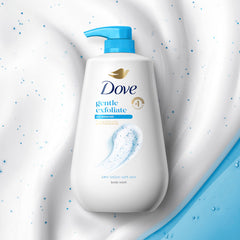 Dove pouring into shower sponge showing amount to use benefit: easy application