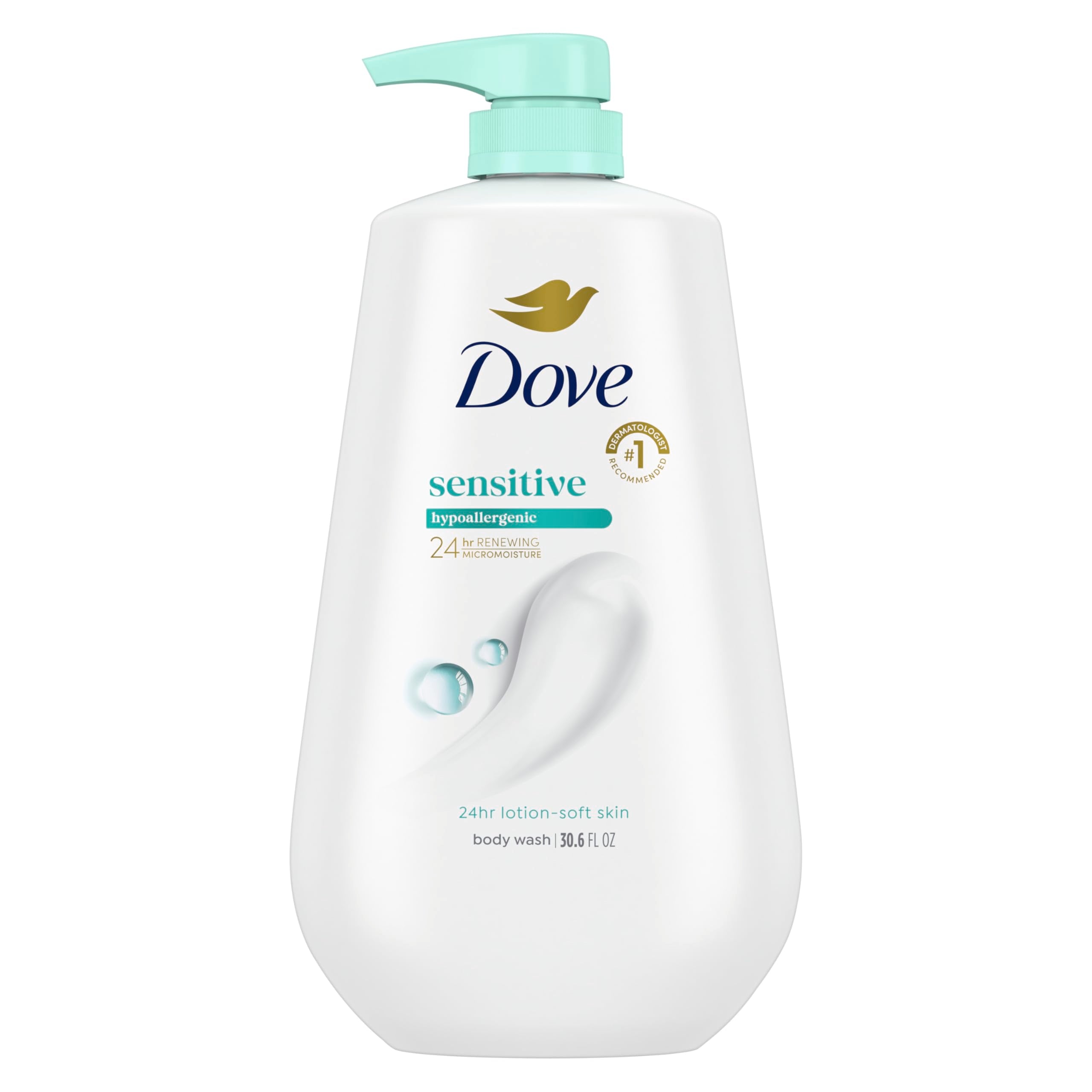 Dove pump front packaging showing large 30.6 oz bottle and clear branding for gentle care