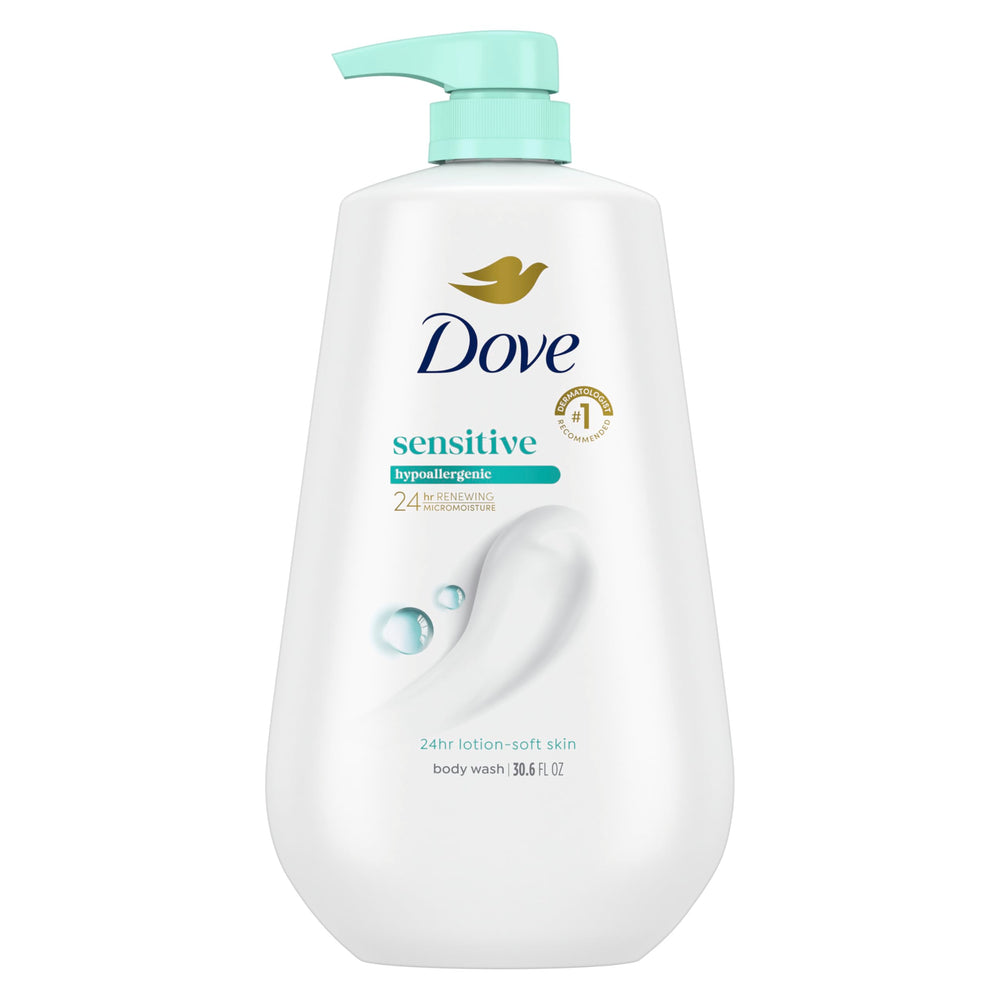 Dove pump front packaging showing large 30.6 oz bottle and clear branding for gentle care