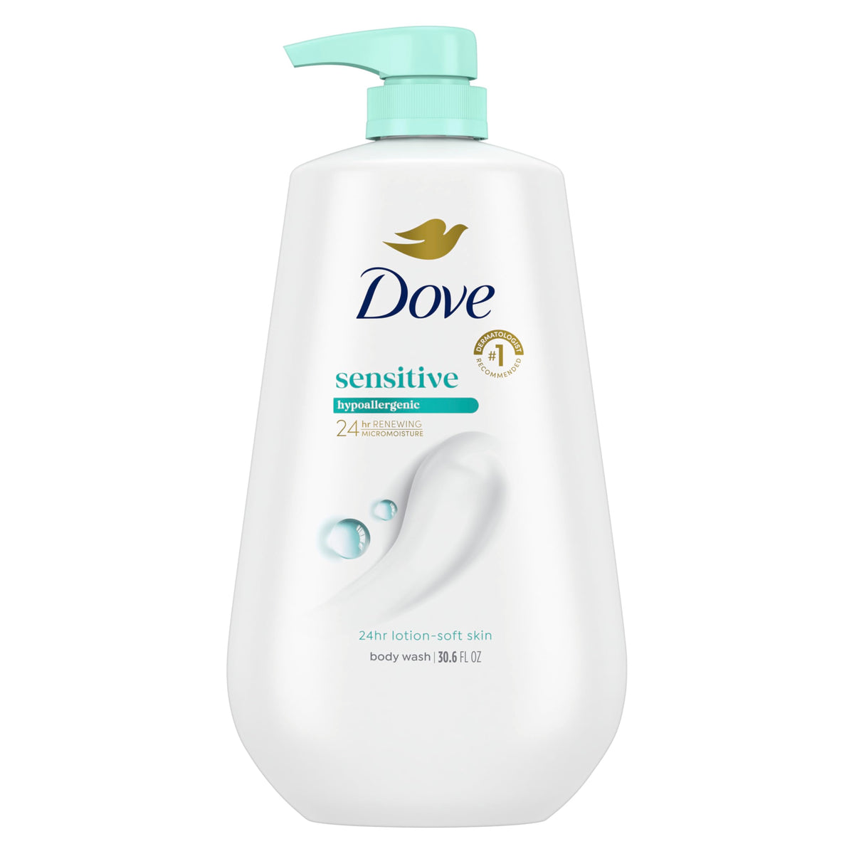 Dove pump front packaging showing large 30.6 oz bottle and clear branding for gentle care
