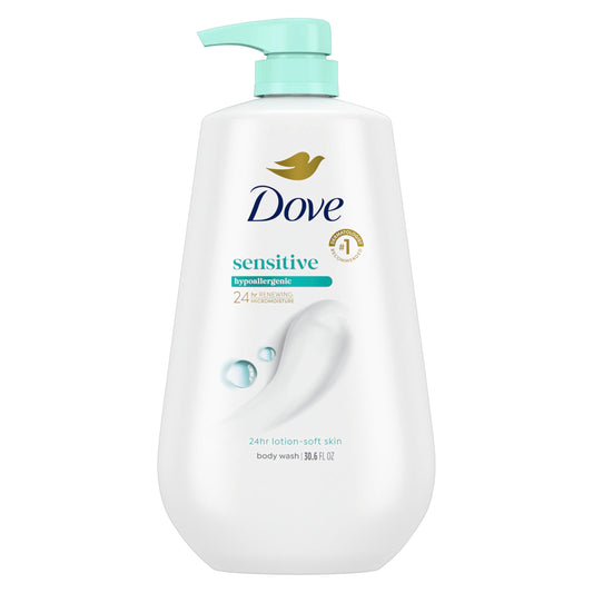 Dove pump front packaging showing large 30.6 oz bottle and clear branding for gentle care