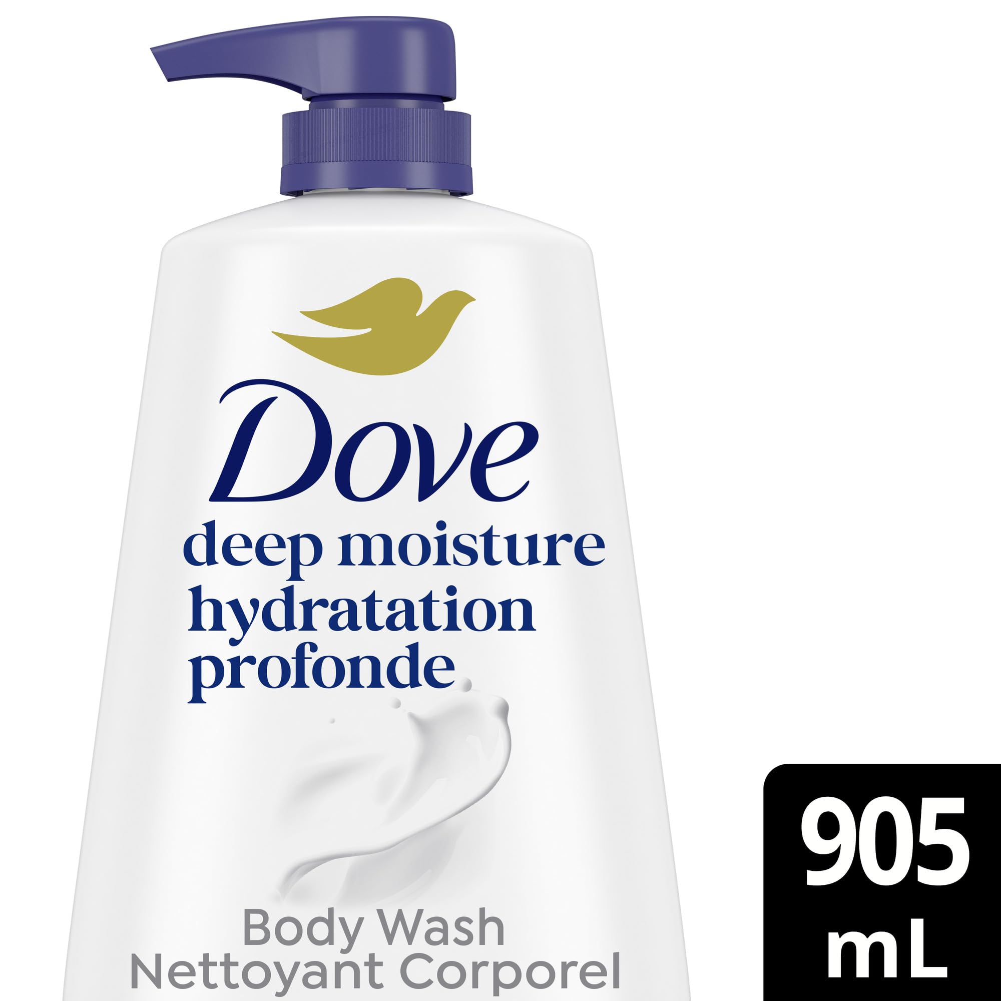Dove pump top detail focused on spout for easy dispensing and reduced waste