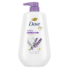 Dove relaxing body wash front packaging showing calming design and benefits