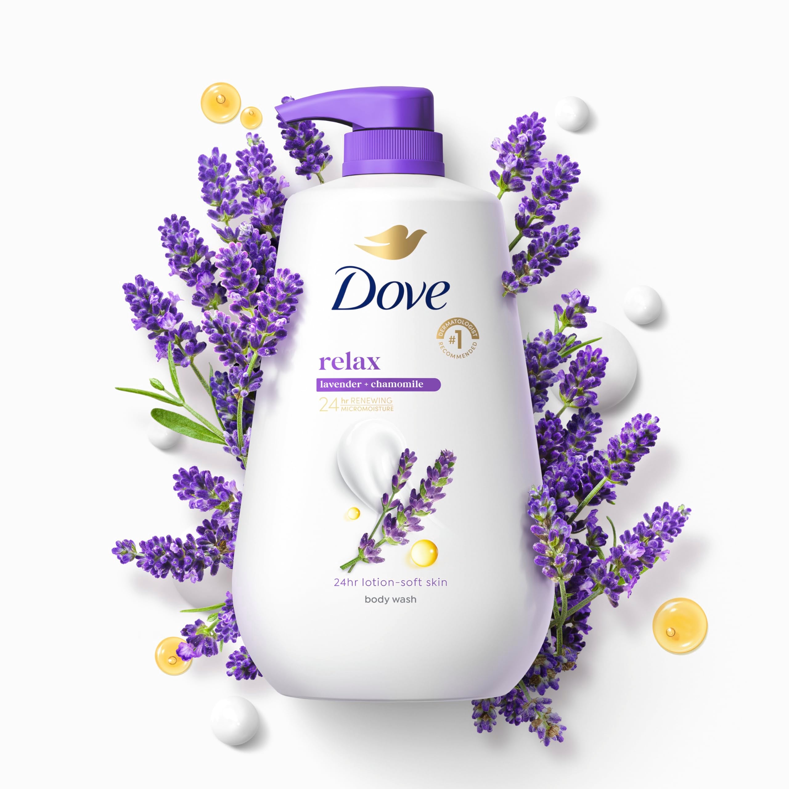 Hand holding 30.6 oz Dove bottle showing large size and long-lasting value