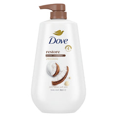 Dove bottle front packaging showing restore coconut cocoa benefit