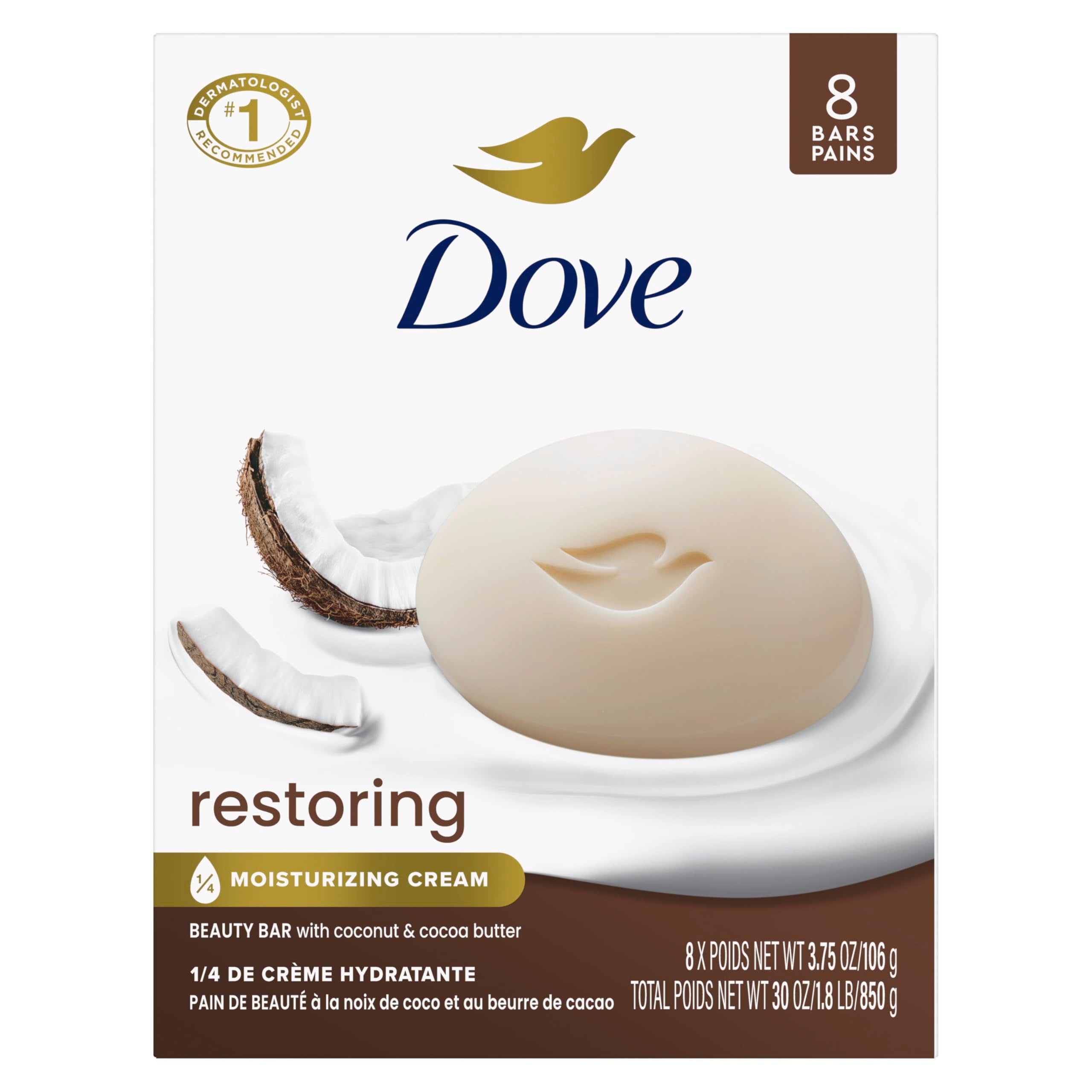 Dove front packaging showing eight beauty bars for convenient supply and moisturizing care