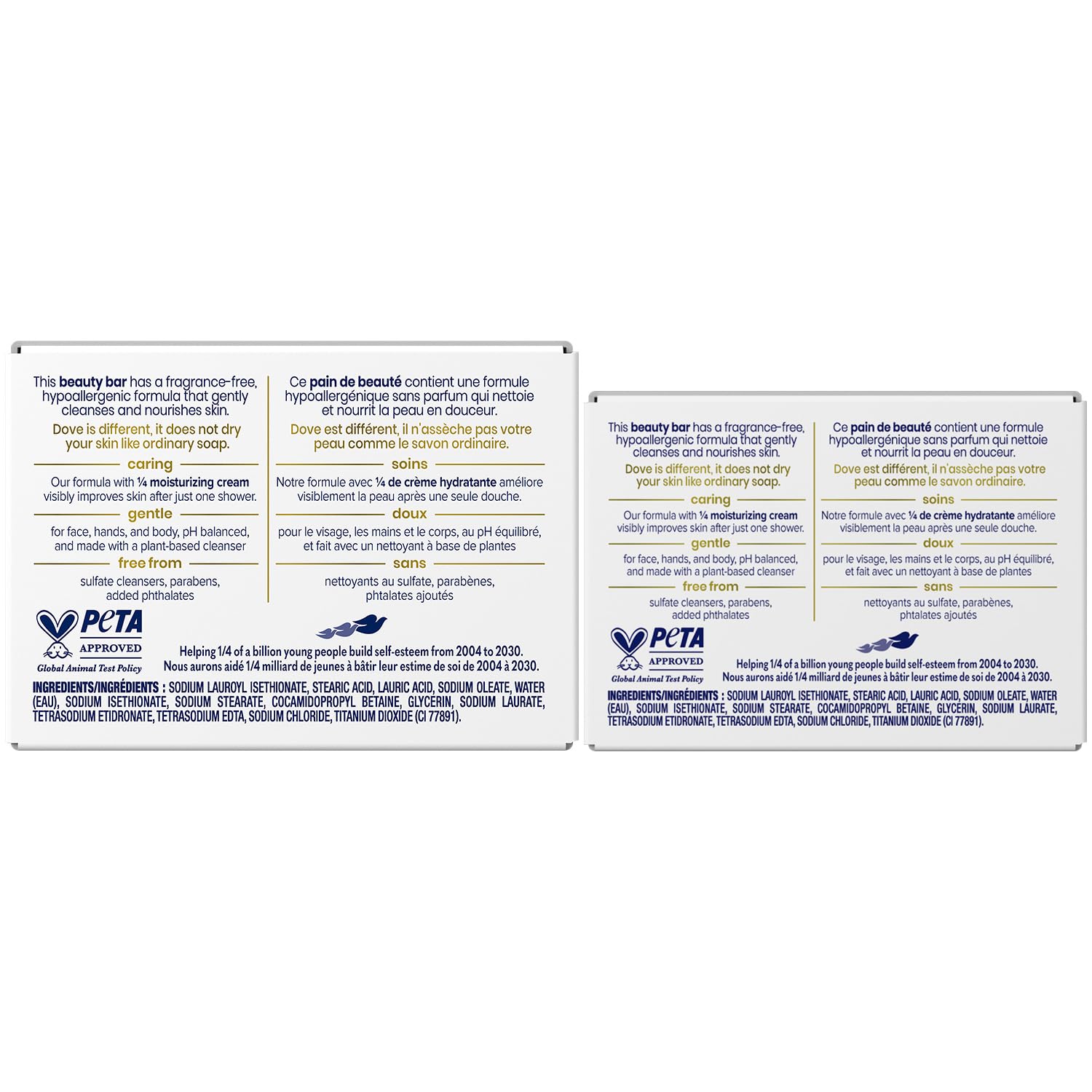 Dove side view of stacked bars highlighting gentle, compact packaging
