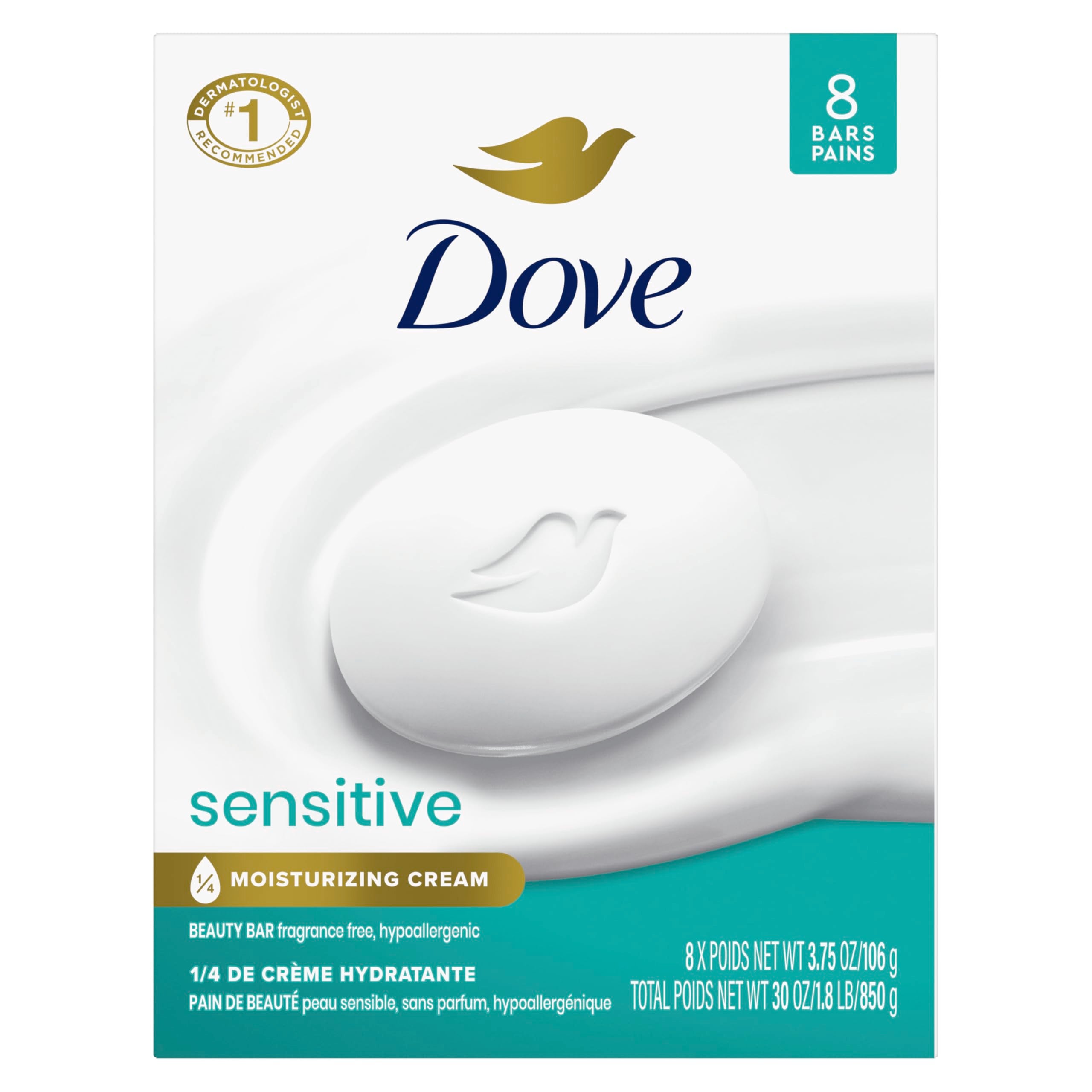 Dove sensitive beauty bar front packaging showing gentle, fragrance-free formula