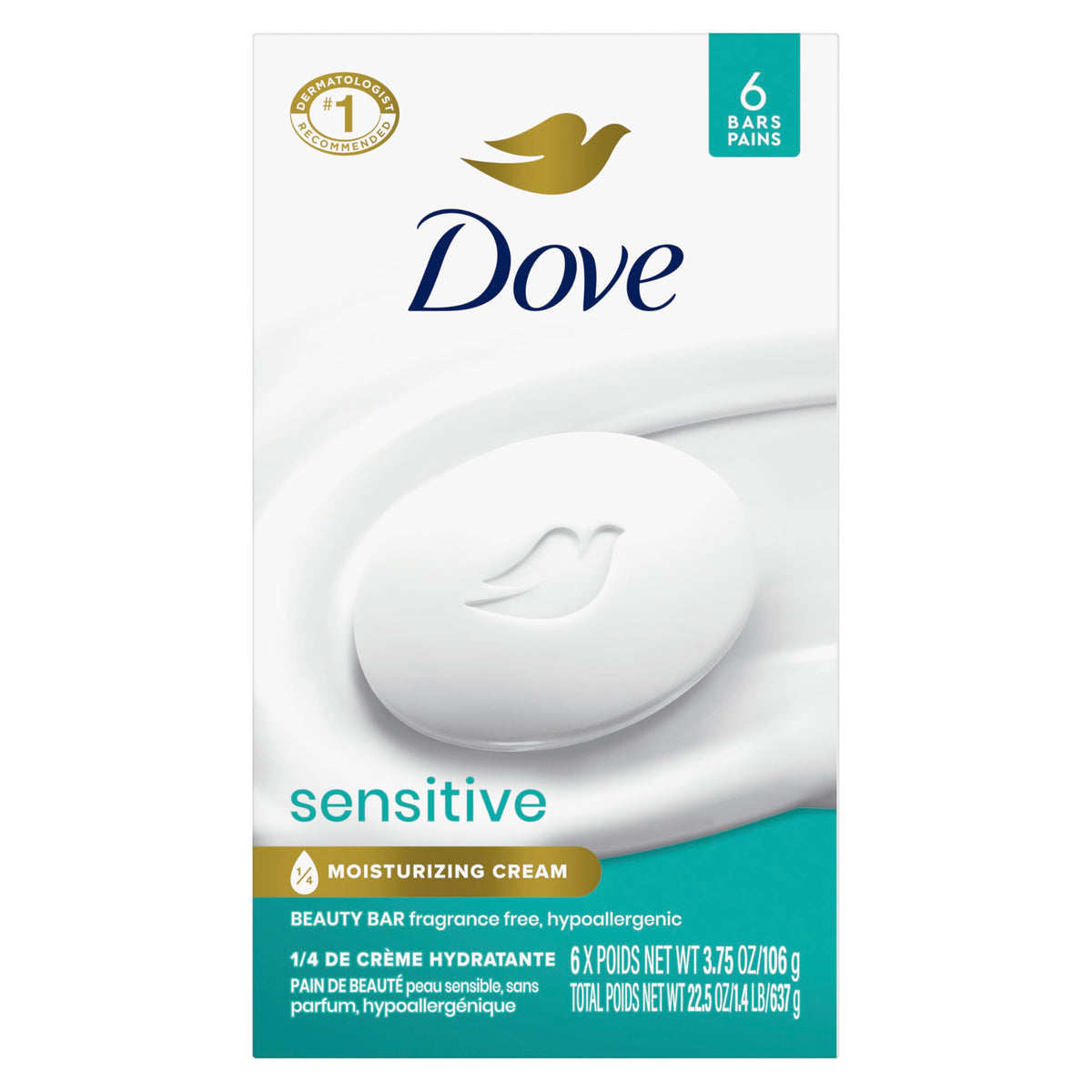 Dove sensitive beauty bar front packaging showing fragrance-free benefit