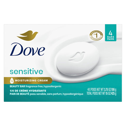 Dove front packaging showing four fragrance-free bars and gentle care benefit