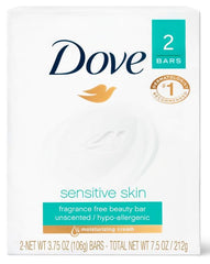 Dove Sensitive Beauty Bar front packaging showing fragrance-free gentle care
