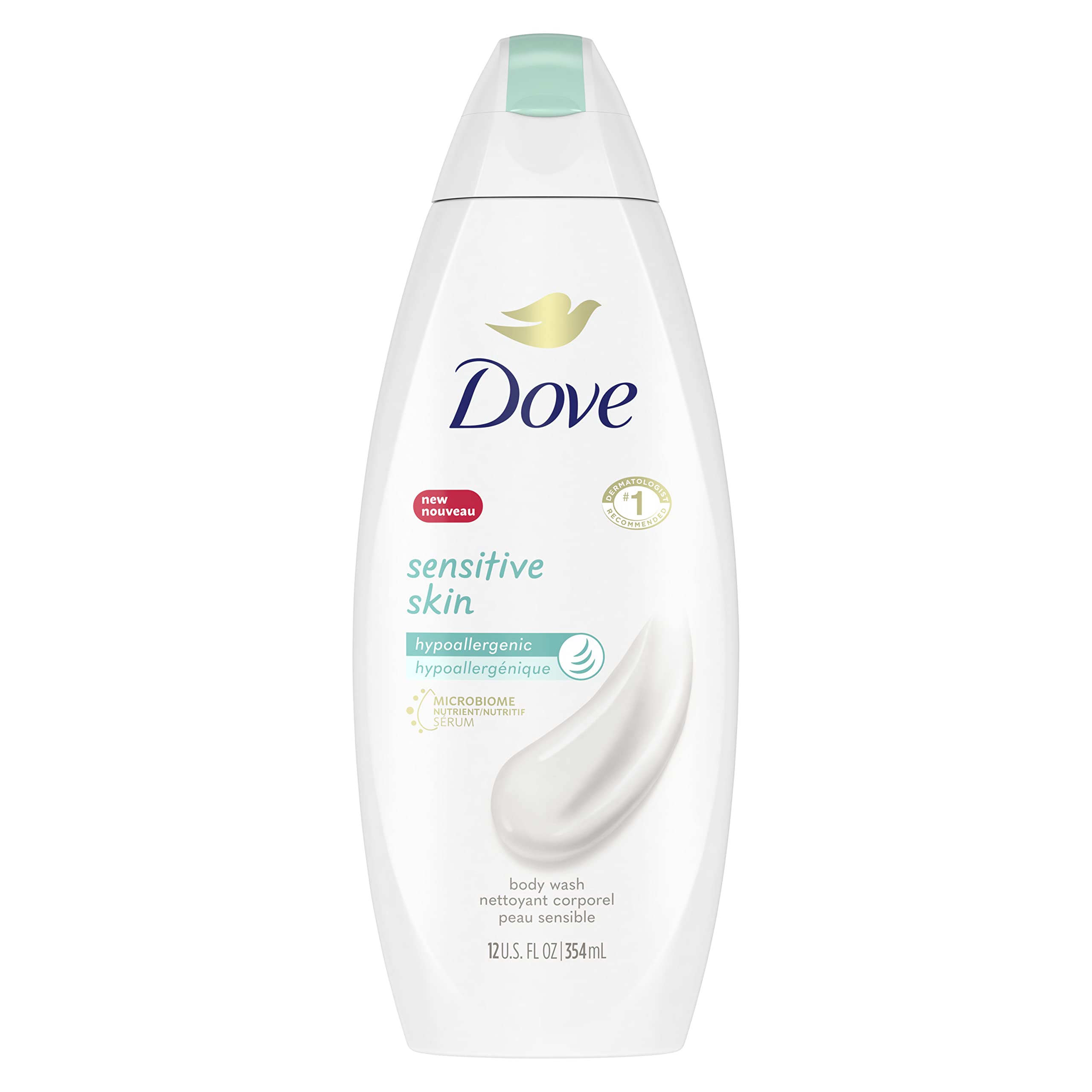 Dove bottle front view showing sensitive body wash and gentle benefit