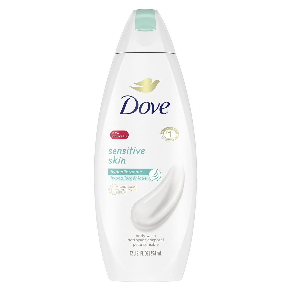 Dove bottle front view showing sensitive body wash and gentle benefit