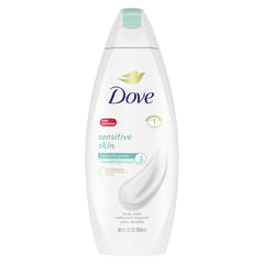 Dove bottle front view showing sensitive body wash and gentle benefit