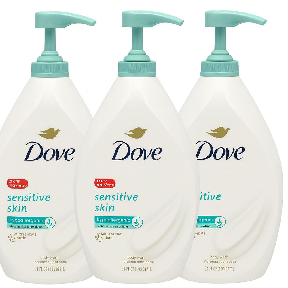 Dove sensitive skin body wash front packaging showing pump and label, gentle hydration