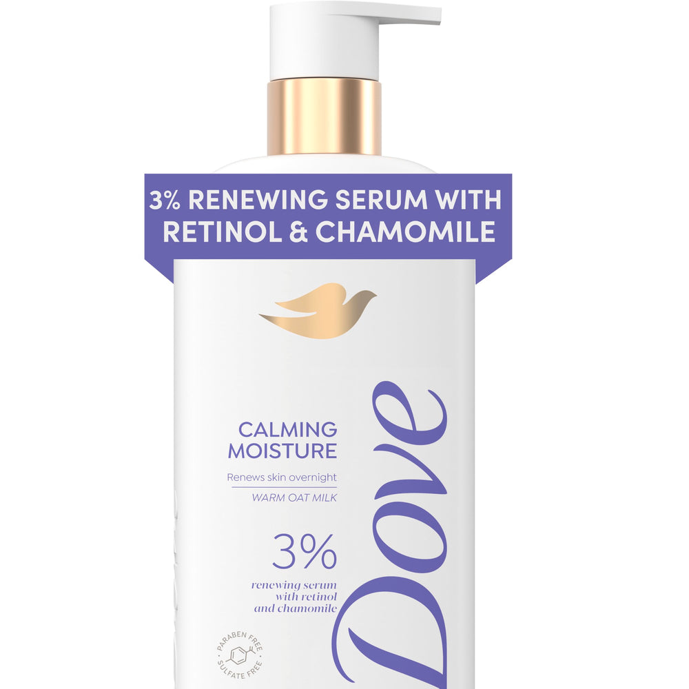 Dove bottle front view showing label and calming oat-milk scent benefits