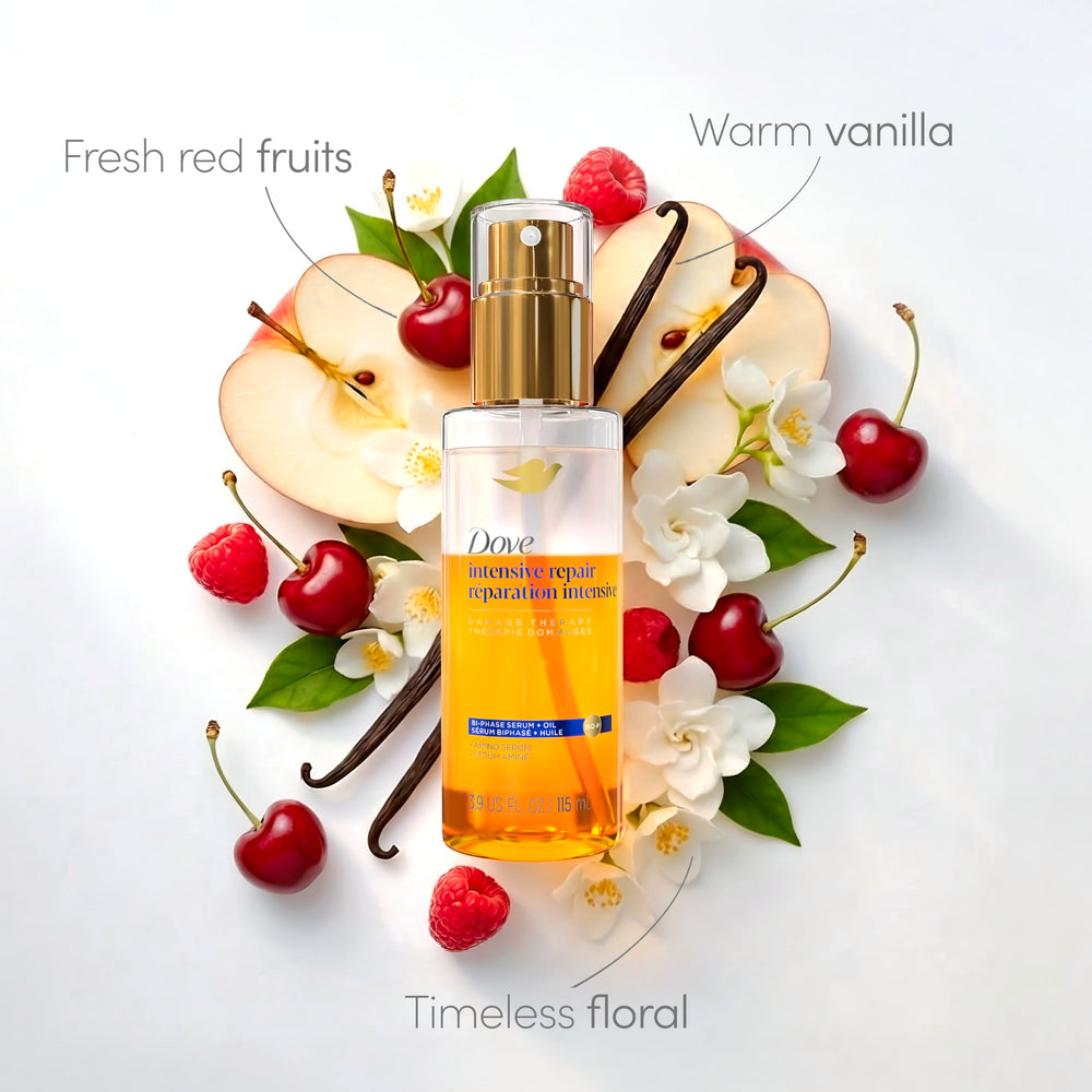 Dove serum sprayed on damp hair for improved manageability