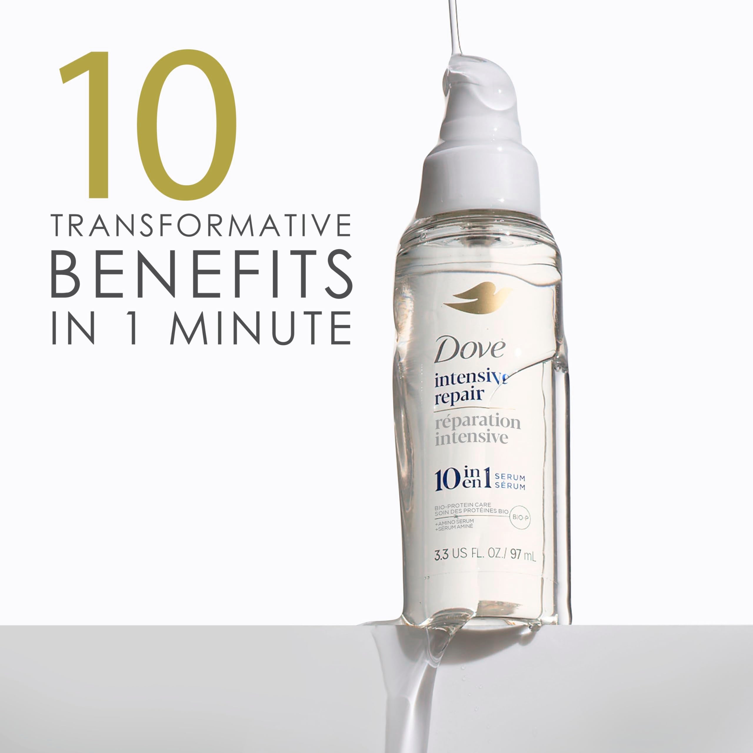 Dove applying serum to damp hair for improved manageability and protection