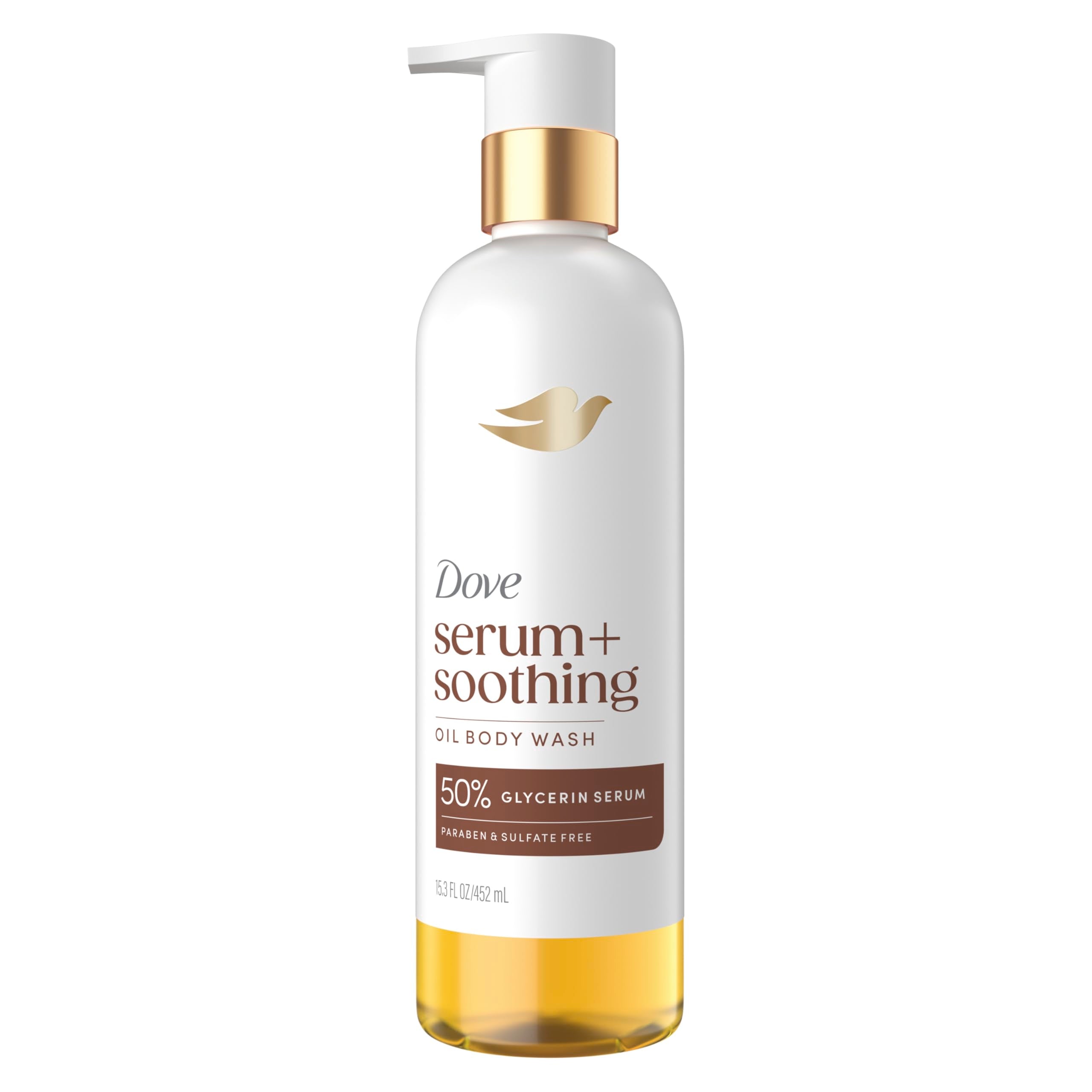 Dove Serum+ front bottle showing label and 15.3 fl oz size for clear identification and trust
