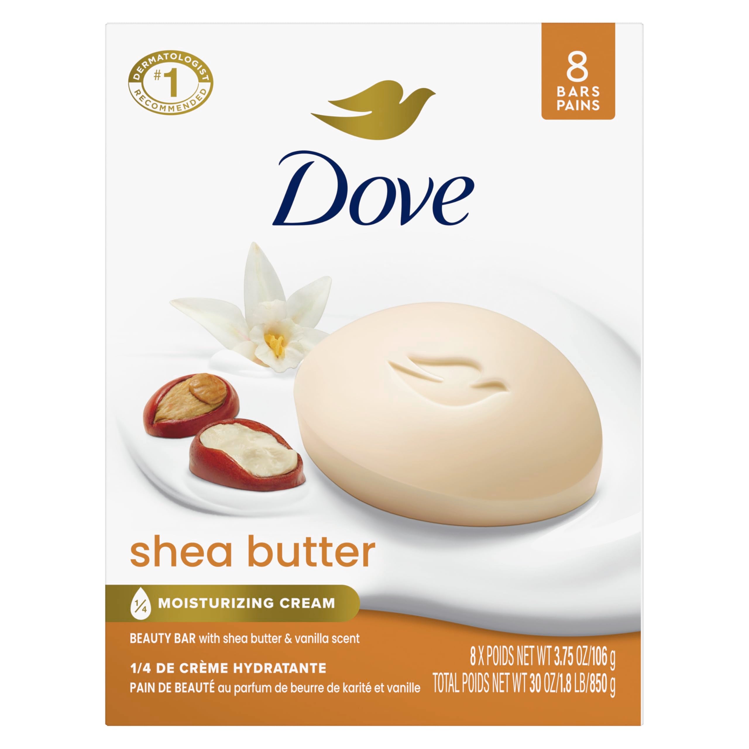 Dove shea butter bar front packaging shows moisturizing benefits