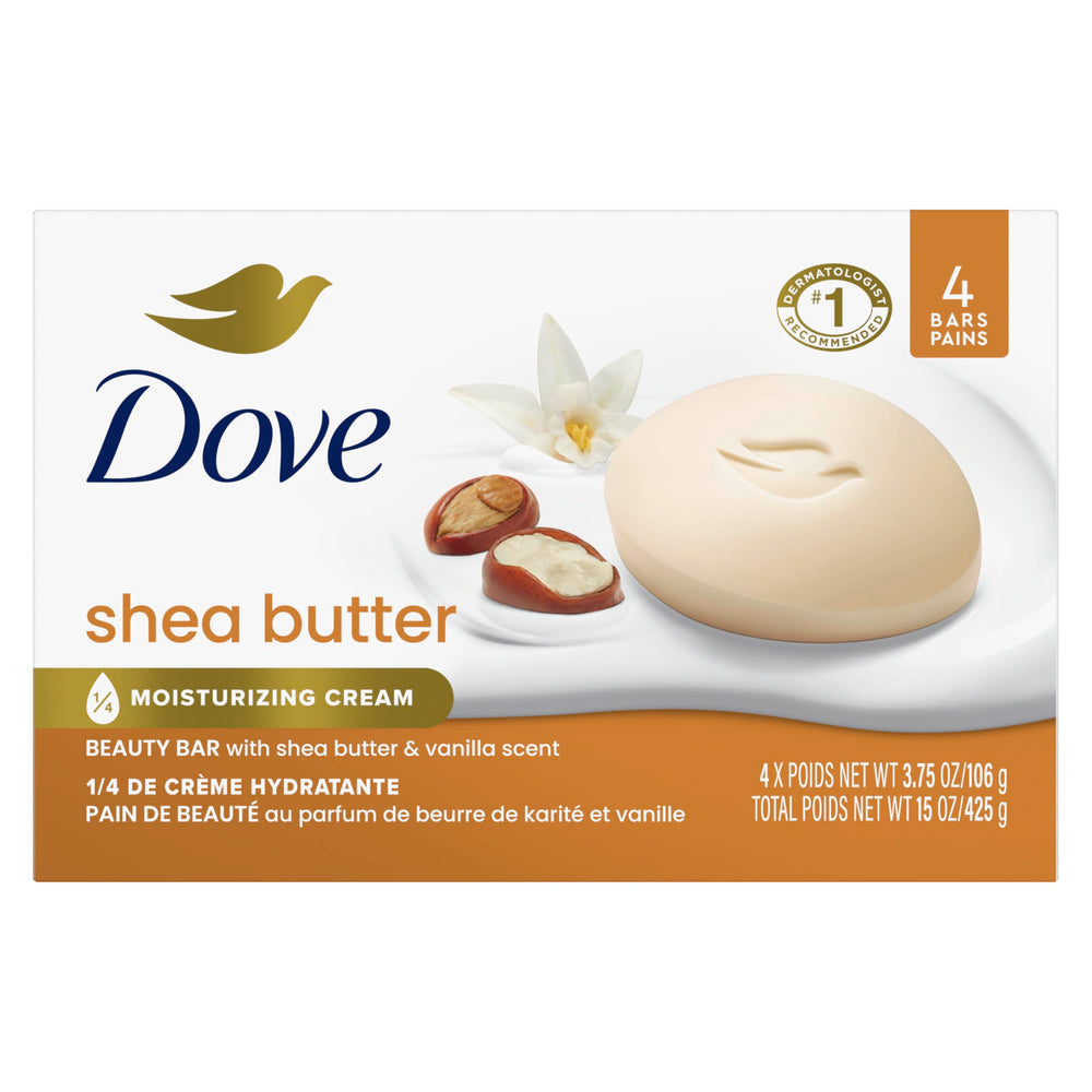 Dove shea butter beauty bar front packaging shows product and benefits
