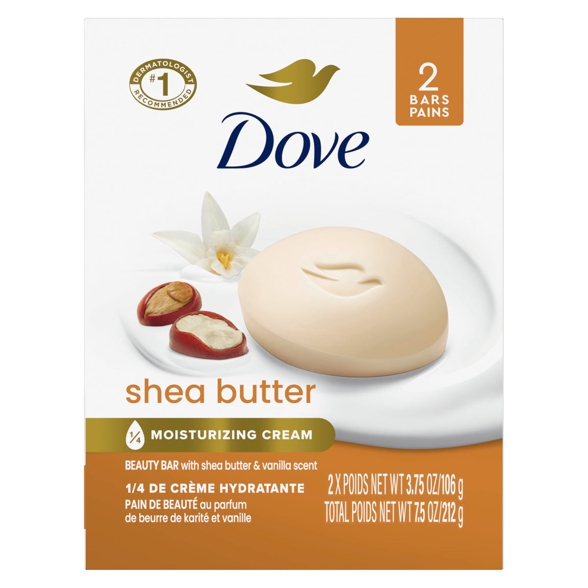 Dove shea butter front packaging showing product and scent benefits