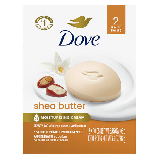 Dove shea butter front packaging showing product and scent benefits
