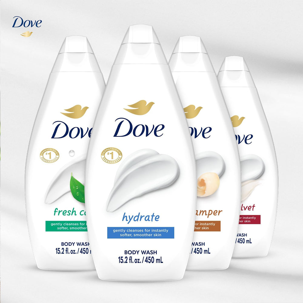 Six Dove bottles side-by-side size comparison showing value pack and bottle scale