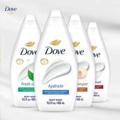 Six Dove bottles side-by-side size comparison showing value pack and bottle scale