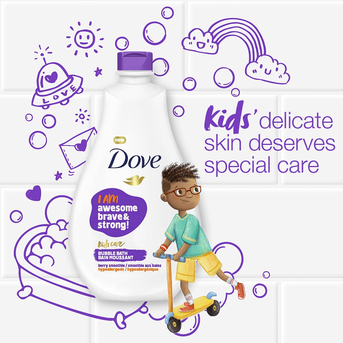 Dove bottle next to adult hand showing 13.5 oz size for family convenience