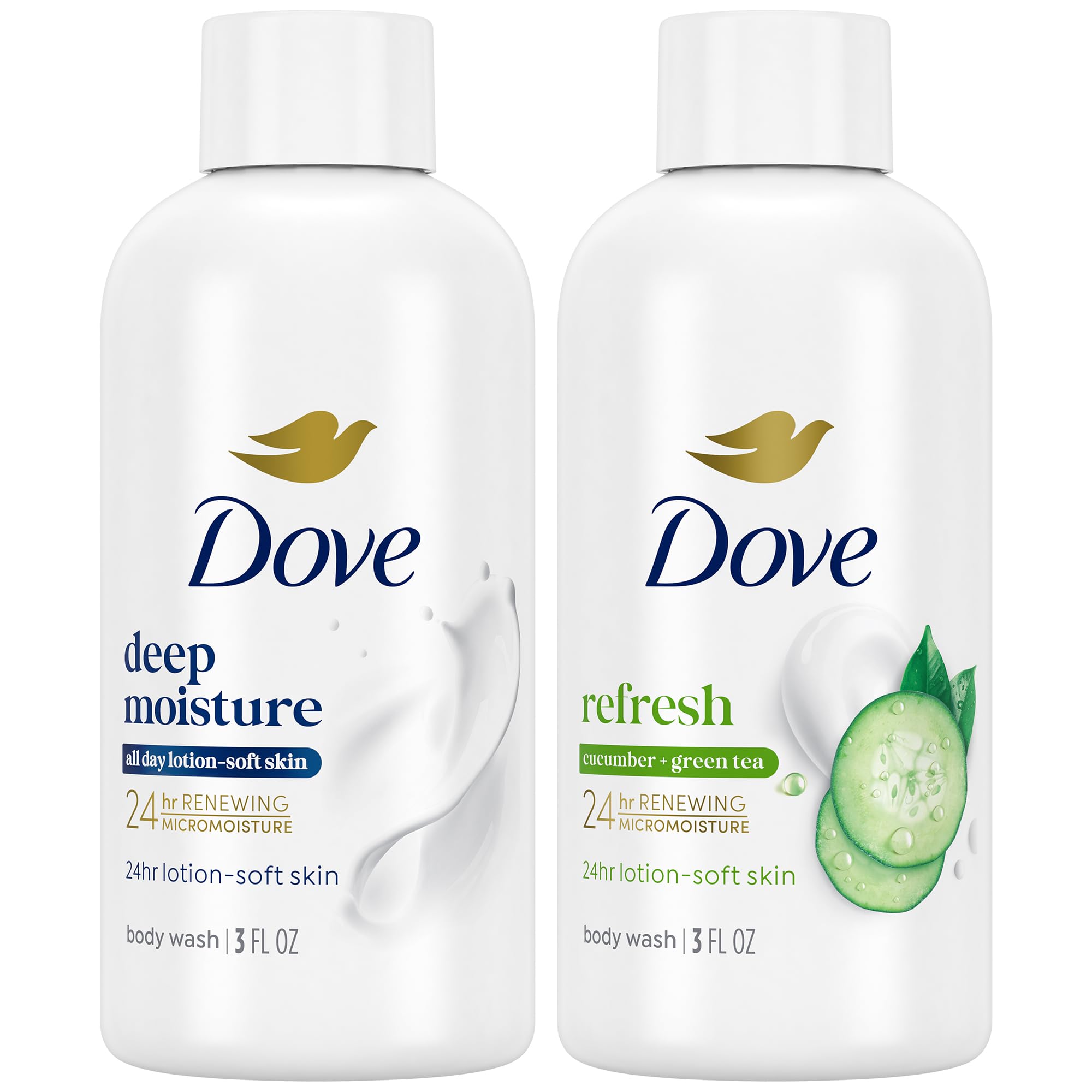 Dove travel duo front packaging showing two 3 oz bottles for convenient travel