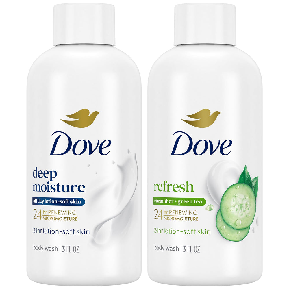 Dove travel duo front packaging showing two 3 oz bottles for convenient travel