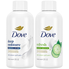 Dove travel duo front packaging showing two 3 oz bottles for convenient travel