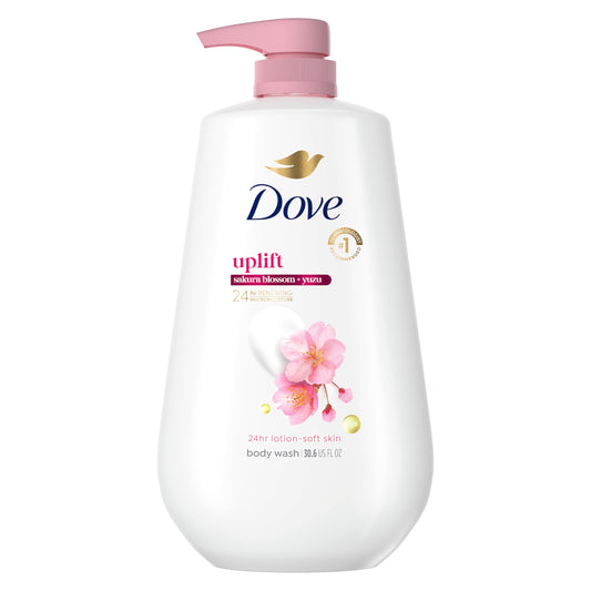 Dove bottle front view showing label and uplifting scent benefits