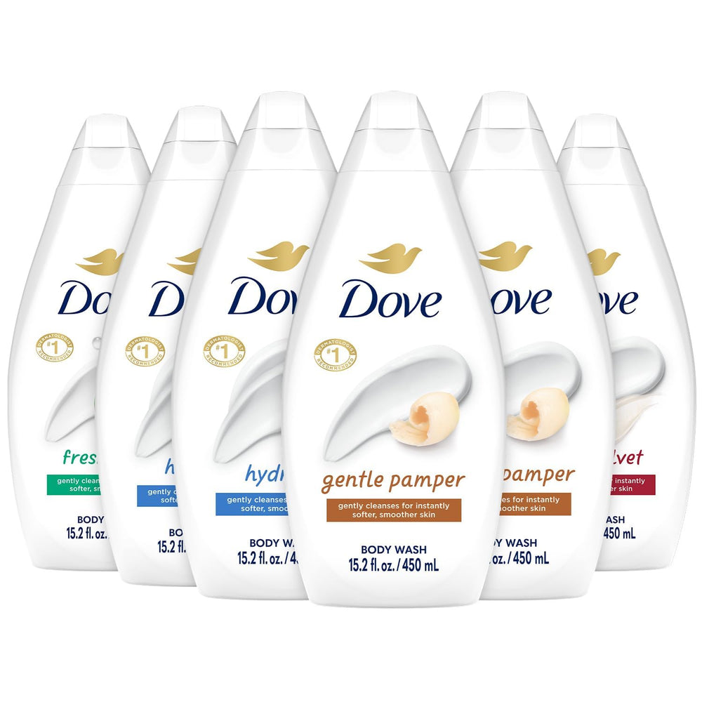 Dove variety pack front label showing all six bottles and scents for easy selection