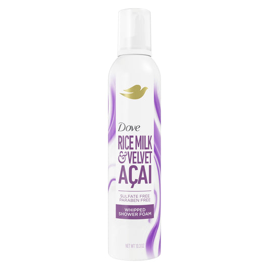 Dove front can showing Rice Milk & Velvet Açaí scent and easy-grip design