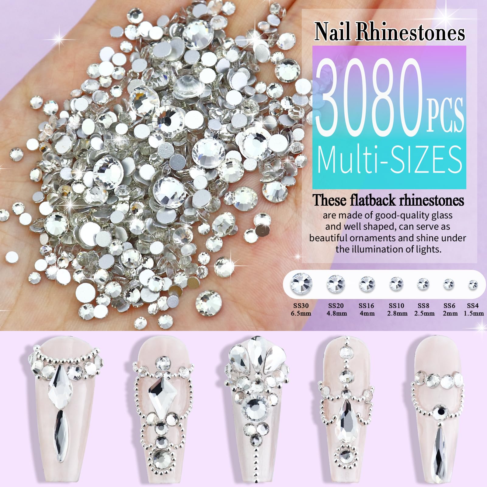 dowarm display of twelve 3D shaped flatback crystals showing variety and design versatility