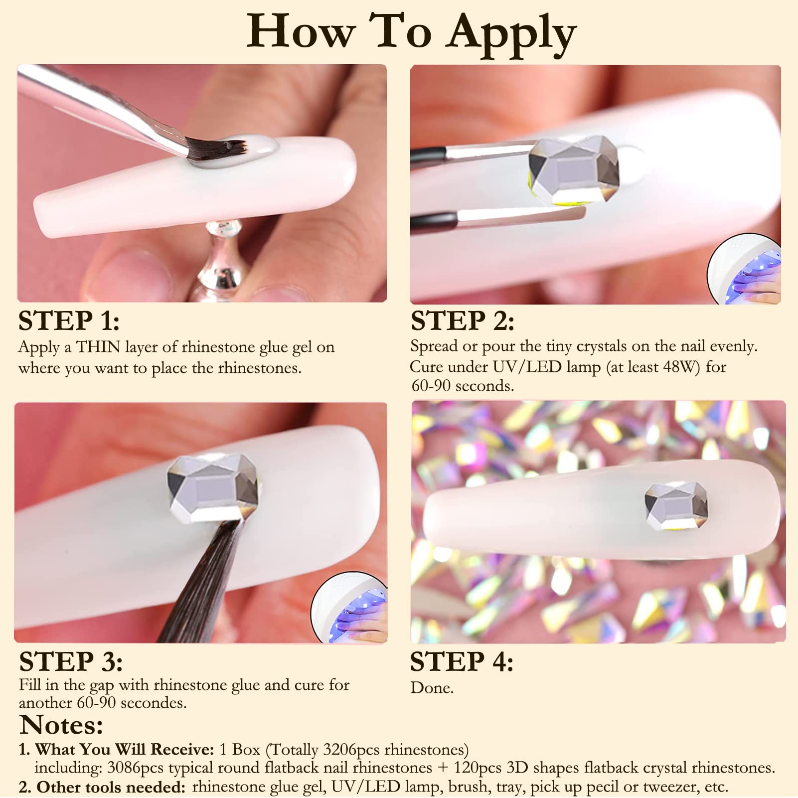 dowarm rhinestones applied on nail tips showing precision placement and durable glossy finish