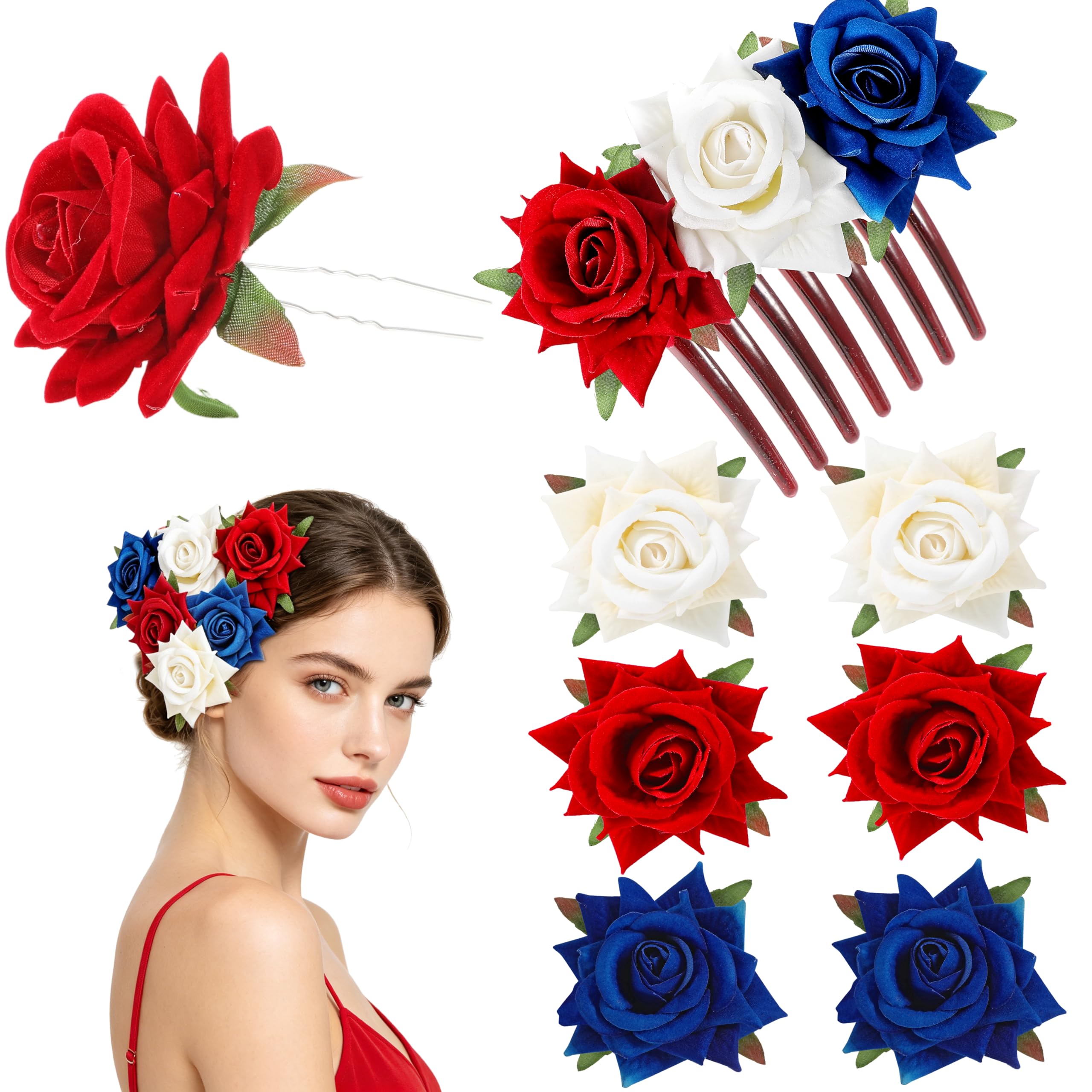 DPKOW tri-rose side comb front view showing patriotic detail and secure hold