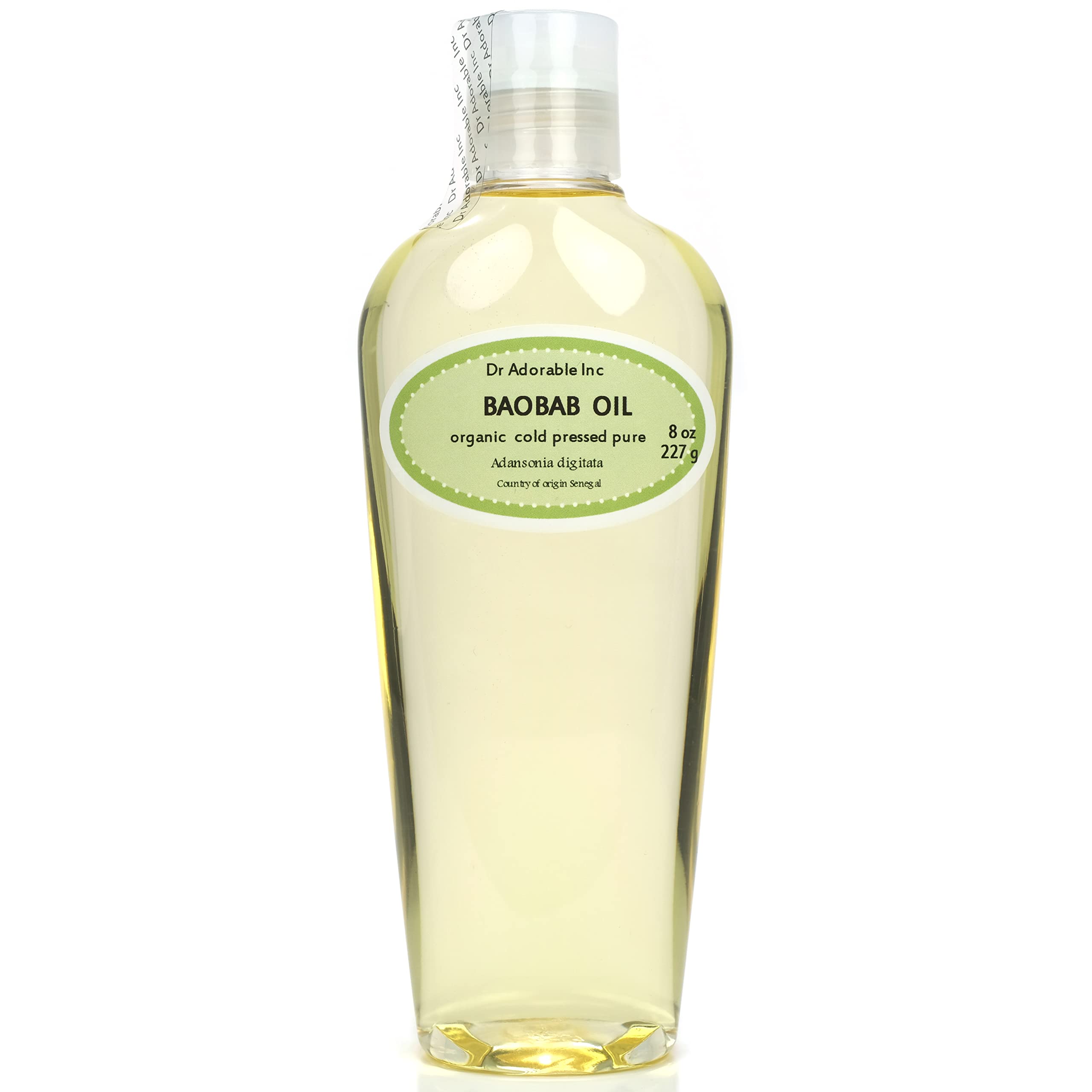 Dr Adorable front label of 8 oz baobab oil showing product clarity and benefits