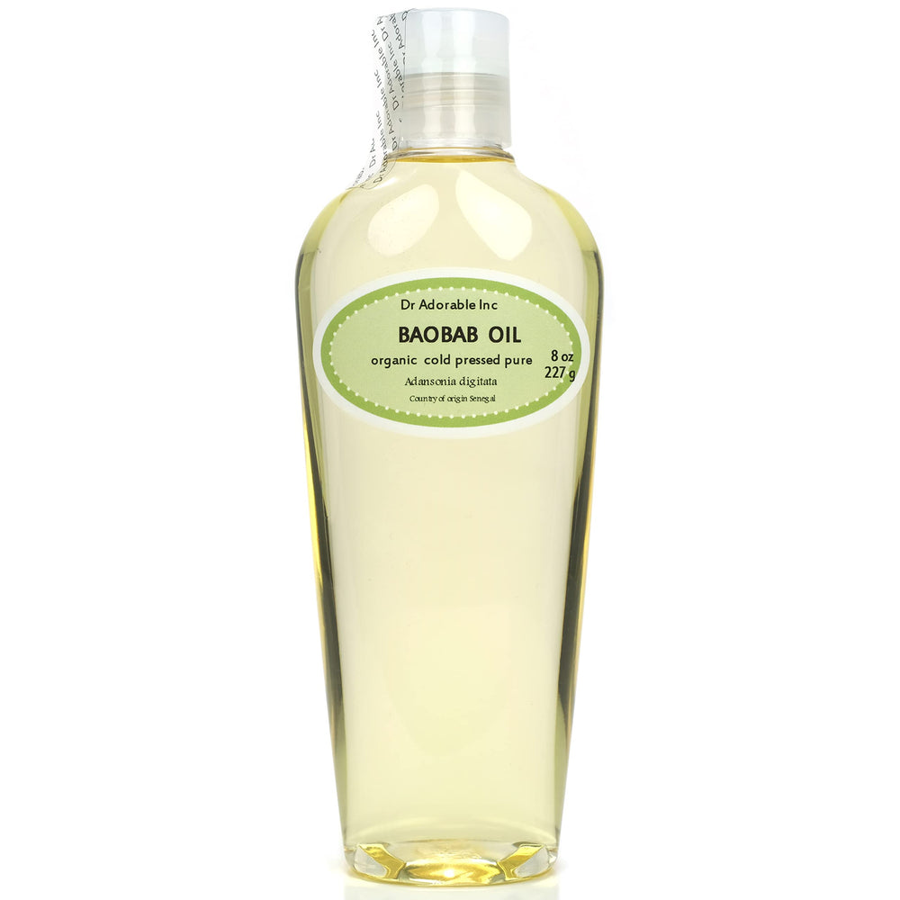 Dr Adorable front label of 8 oz baobab oil showing product clarity and benefits
