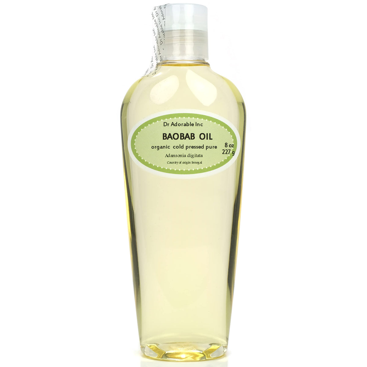 Dr Adorable front label of 8 oz baobab oil showing product clarity and benefits
