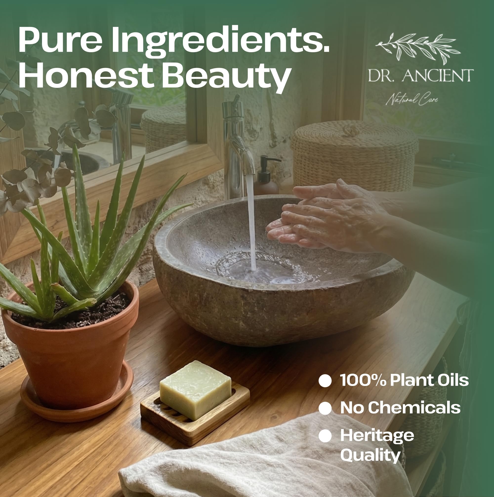 Dr.Ancient soap displayed in bathroom setting promoting eco-friendly routine