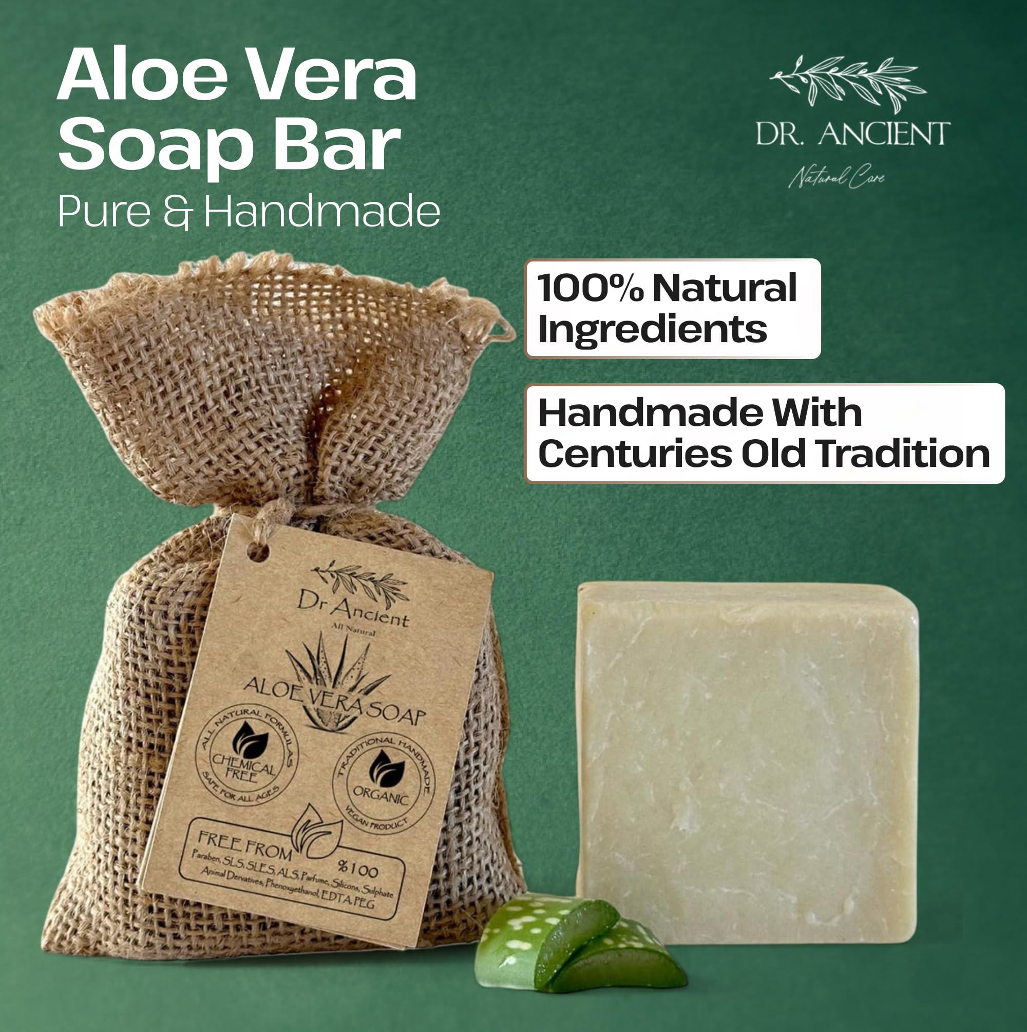 Dr.Ancient soap beside fresh aloe leaf to emphasize soothing hydration