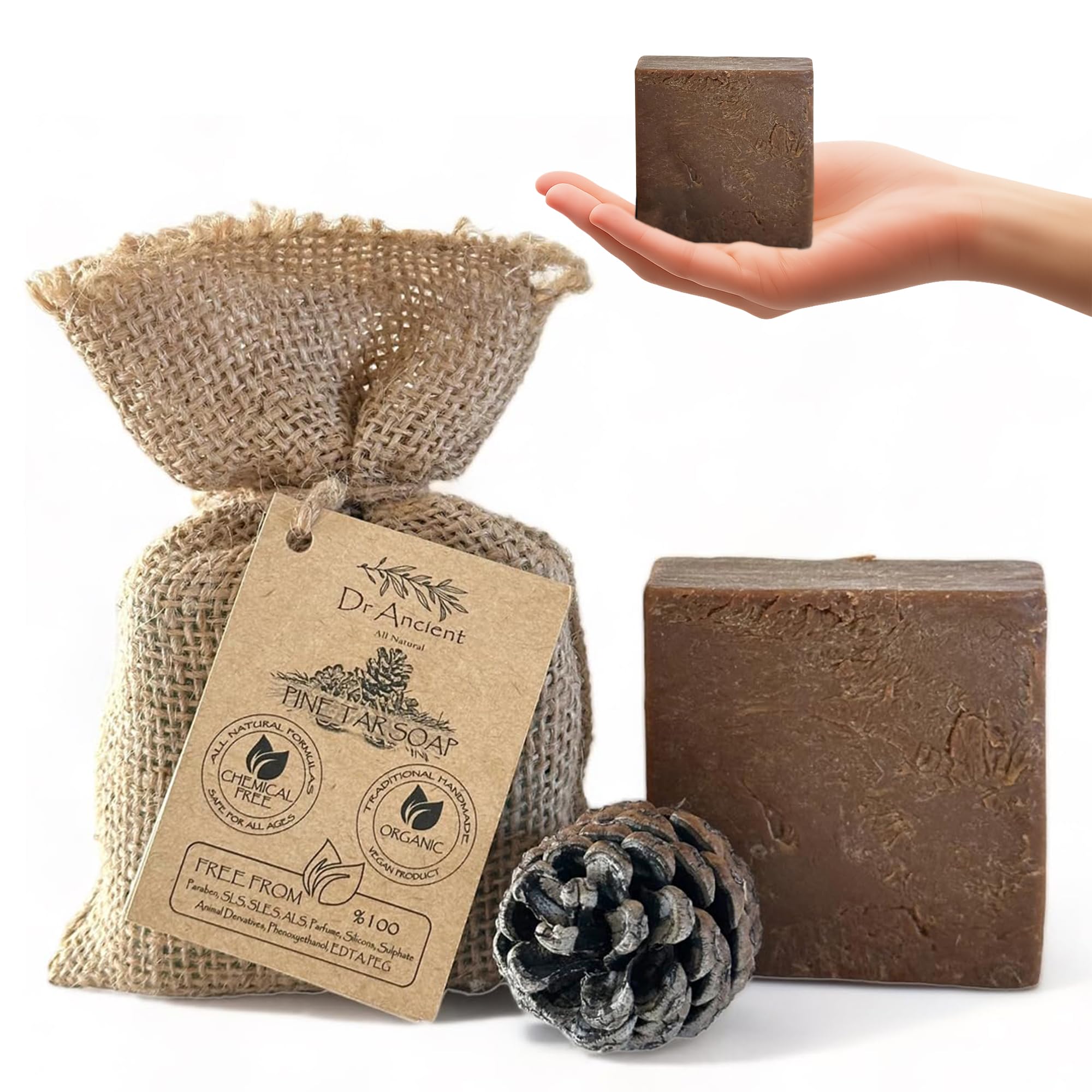 Dr.Ancient front packaging showing natural pine tar soap benefits