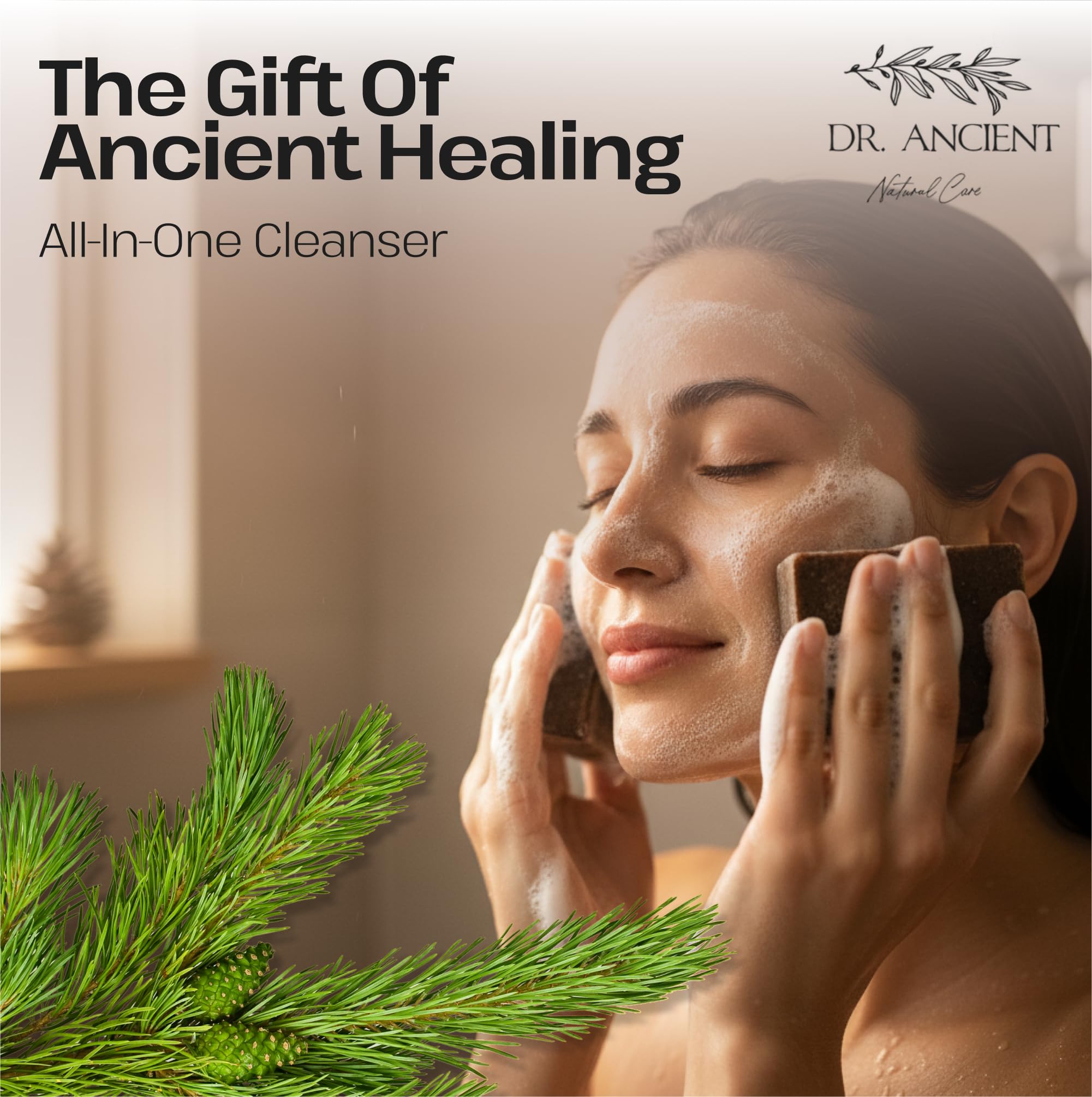 Dr.Ancient lather in hand demonstrating gentle cleansing benefit