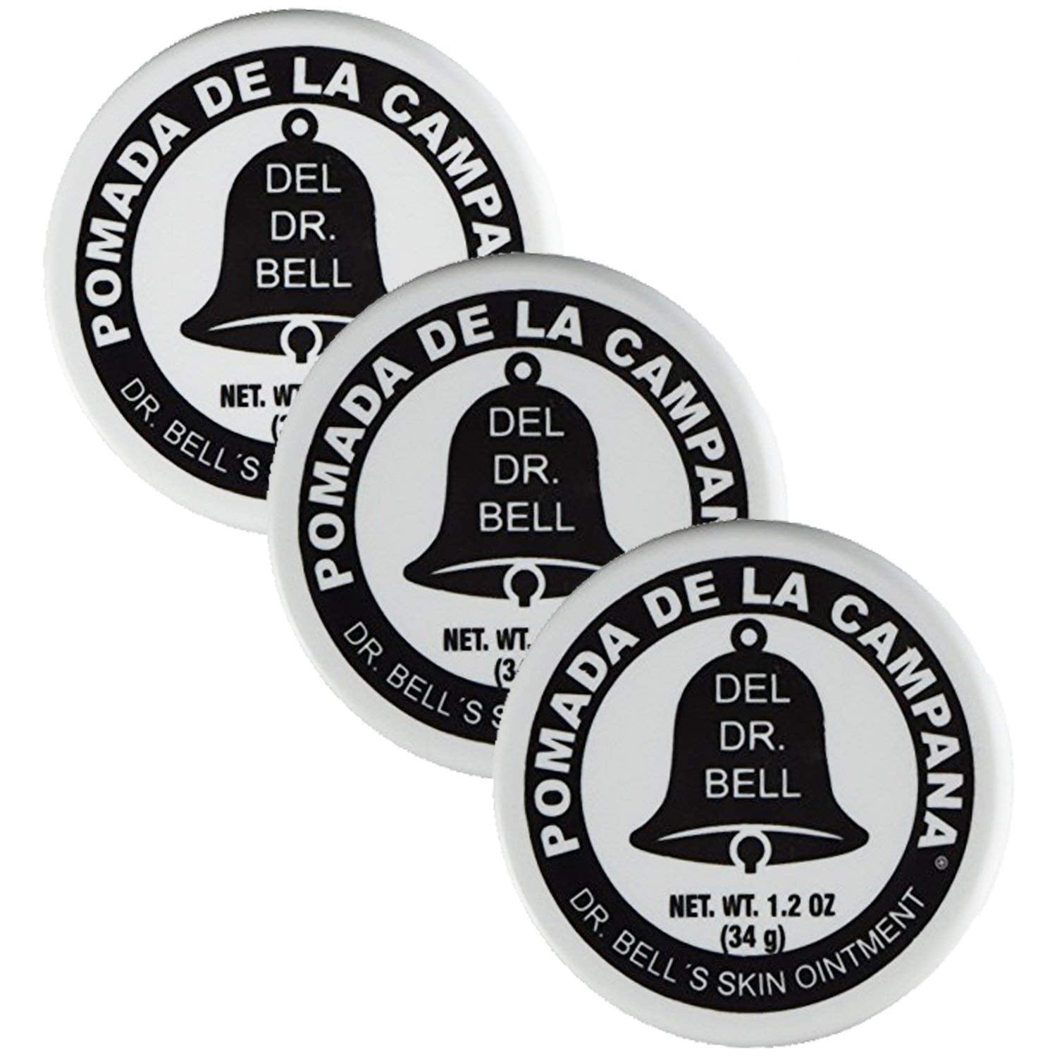 Dr Bell's Pomada De La Campana front packaging showing three 1.2 oz tubs, portable and convenient