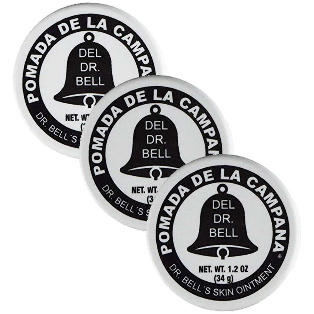 Dr Bell's Pomada De La Campana front packaging showing three 1.2 oz tubs, portable and convenient